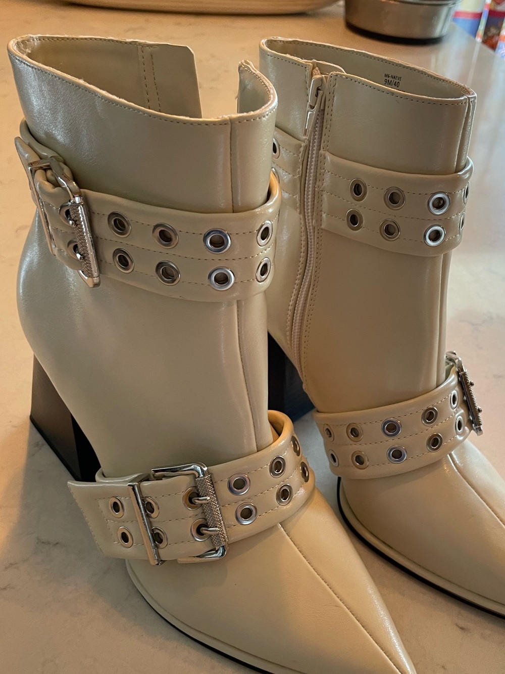 Women's Cream Pointed-Toe Buckle Ankle Boots